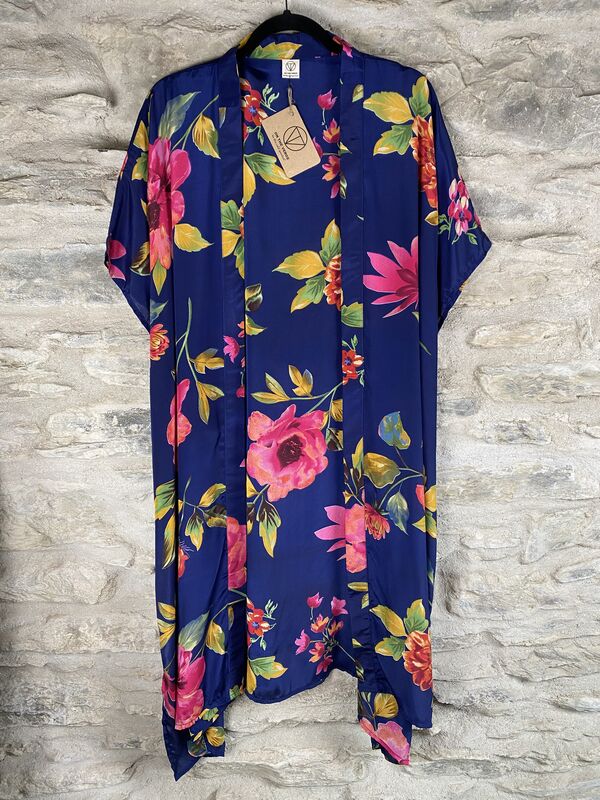 SHORTER LONG KIMONO STYLE JACKET ONE SIZE UK6 to 22: royal blue, pink and coral flowers, floral - product images  of 
