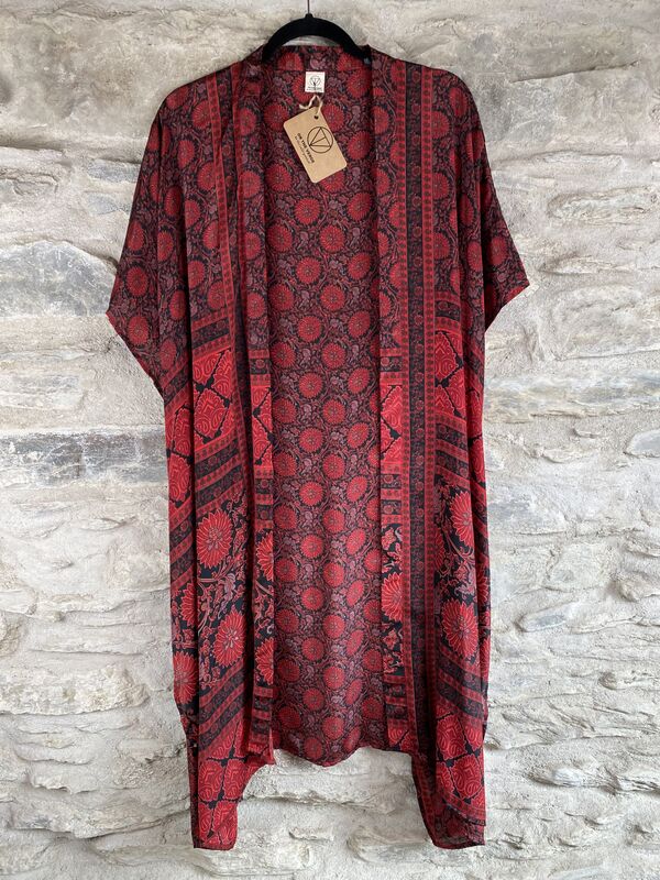 SHORTER LONG KIMONO STYLE JACKET ONE SIZE UK6 to 22: black and red, floral - product images  of 