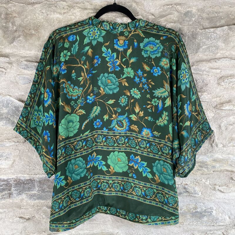 SALE // PETITE KIMONO STYLE JACKET UK8 to UK12: Green, grey with blue, floral - product images  of 