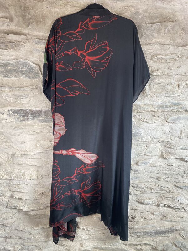 LONG KIMONO STYLE JACKET ONE SIZE UK10 to 28: black, red, green, floral - product images  of 