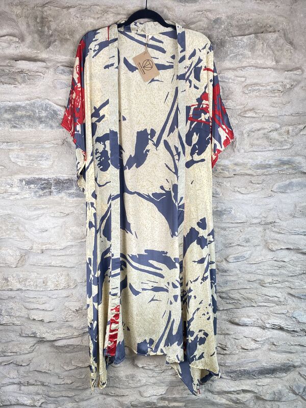 LONG KIMONO STYLE JACKET ONE SIZE UK10 to 28:  cream, grey, red, abstract - product images  of 