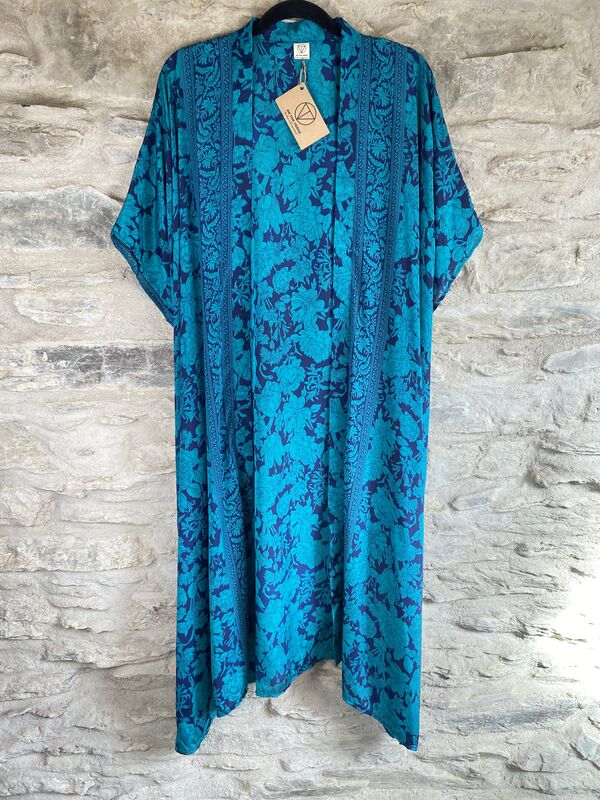 LONG KIMONO STYLE JACKET ONE SIZE UK10 to 28:   Turquoise, royal blue,  floral - product images  of 