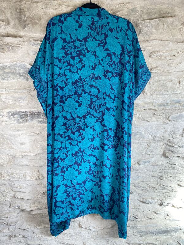 LONG KIMONO STYLE JACKET ONE SIZE UK10 to 28:   Turquoise, royal blue,  floral - product images  of 