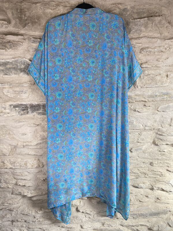 LONG KIMONO STYLE JACKET ONE SIZE UK10 to 28:  light turquoise, grey, floral - product images  of 