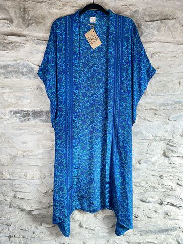 LONG,KIMONO,STYLE,JACKET,ONE,SIZE,UK10,to,28:,Turquoise,,royal,blue,,floral,Turquoise, royal blue,  floral, long, Kimono, style, jacket, curvy, plus, size, on, the, verge