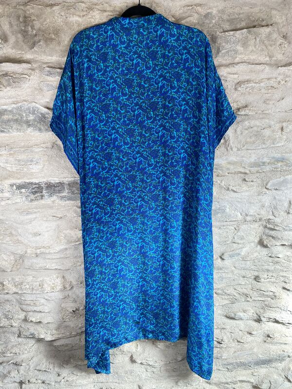 LONG KIMONO STYLE JACKET ONE SIZE UK10 to 28:   Turquoise, royal blue,  floral - product images  of 