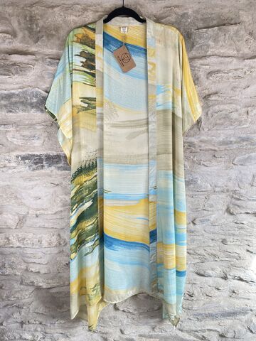 LONG,KIMONO,STYLE,JACKET,ONE,SIZE,UK10,to,28:,Turquoise,,yellow,,summer,abstract,Turquoise, yellow, summer abstract, long, Kimono, style, jacket, curvy, plus, size, on, the, verge