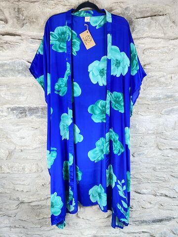 LONG,KIMONO,STYLE,JACKET,ONE,SIZE,UK10,to,28:,Electric,blue,with,flowers,Electric blue, floral, long, Kimono, style, jacket, curvy, plus, size, on, the, verge