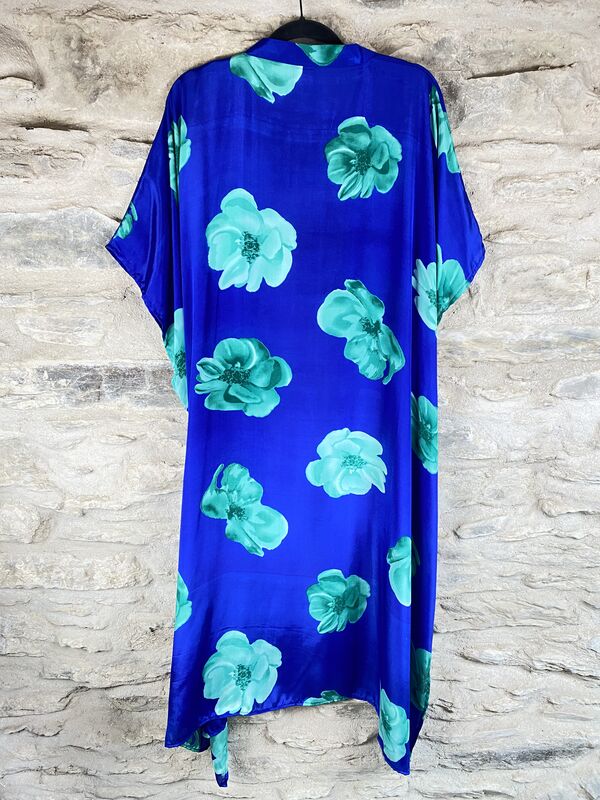 LONG KIMONO STYLE JACKET ONE SIZE UK10 to 28:  Electric blue with flowers  - product images  of 