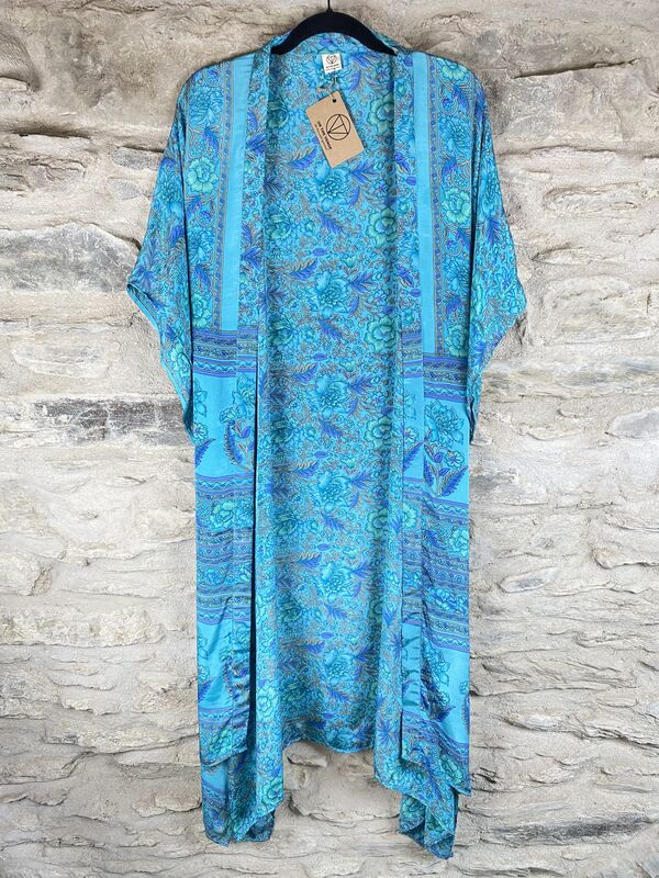 LONG KIMONO STYLE JACKET ONE SIZE UK10 to 28:  light turquoise, grey, floral - product images  of 