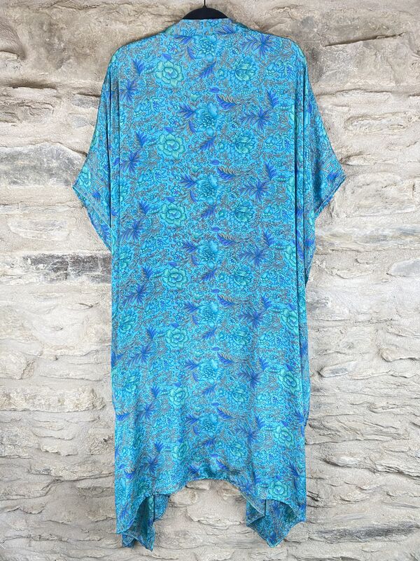 LONG KIMONO STYLE JACKET ONE SIZE UK10 to 28:  light turquoise, grey, floral - product images  of 