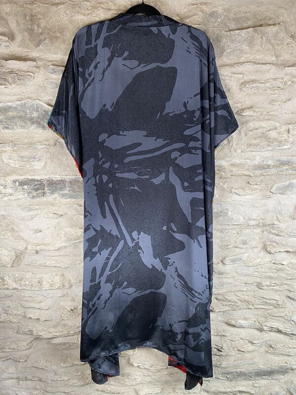 LONG KIMONO STYLE JACKET ONE SIZE UK10 to 28:  super funk, grey black, multi colour, abstract  - product images  of 