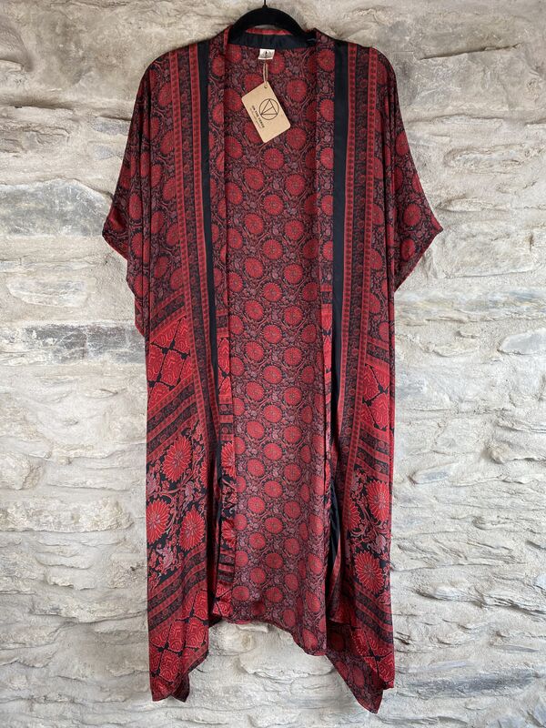 LONG KIMONO STYLE JACKET ONE SIZE UK10 to 28:  red, black, floral - product images  of 