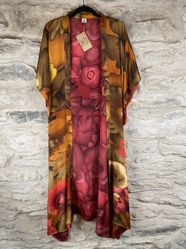 LONG KIMONO STYLE JACKET ONE SIZE UK10 to 28:  flower power, wine, orange  - product images  of 