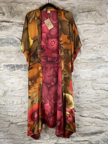 LONG,KIMONO,STYLE,JACKET,ONE,SIZE,UK10,to,28:,flower,power,,wine,,orange,Wine, red, orange, floral, long, Kimono, style, jacket, curvy, plus, size, on, the, verge