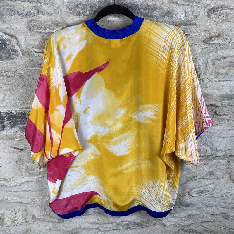 SALE // PETITE KIMONO STYLE JACKET UK8 to UK12: white, pink, yellow with blue trim - product images  of 
