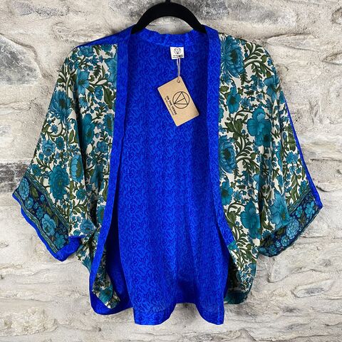 SALE,//,PETITE,KIMONO,STYLE,JACKET,UK8,to,UK12:,cream,,blue,,floral,Teal, blue, floral, Petite, Kimono, style, jacket, handmade, ireland 
