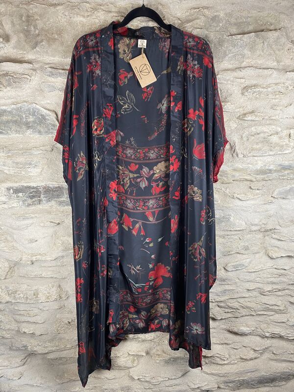 SHORTER LONG KIMONO STYLE JACKET ONE SIZE UK6 to 22: black, red flowers - product images  of 