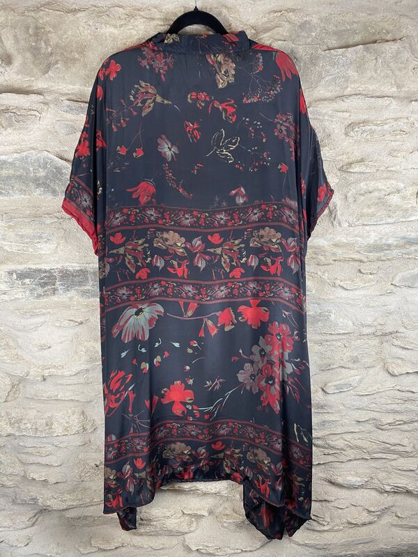 SHORTER LONG KIMONO STYLE JACKET ONE SIZE UK6 to 22: black, red flowers - product images  of 