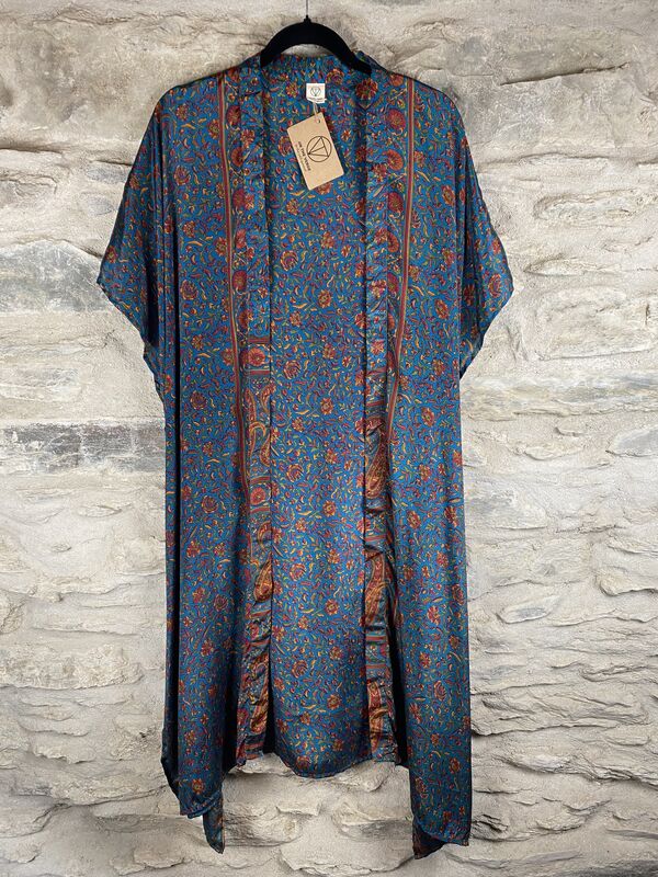 SHORTER LONG KIMONO STYLE JACKET ONE SIZE UK6 to 22: blue with autumnal tones - product images  of 