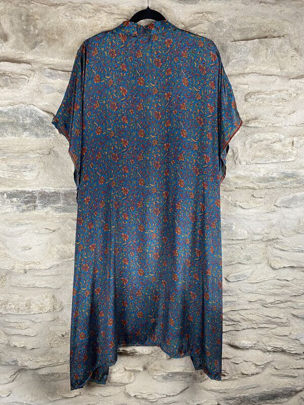 SHORTER LONG KIMONO STYLE JACKET ONE SIZE UK6 to 22: blue with autumnal tones - product images  of 