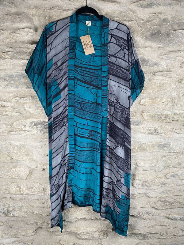 SALE // SHORTER LONG KIMONO STYLE JACKET ONE SIZE UK6 to 22: turquoise blue, grey, abstract  - product images  of 