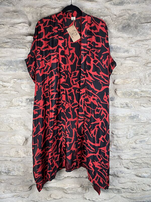 SALE // SHORTER LONG KIMONO STYLE JACKET ONE SIZE UK6 to 22: red, black, abstract  - product images  of 