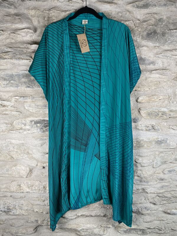 SALE // SHORTER LONG KIMONO STYLE JACKET ONE SIZE UK6 to 22: green, black, abstract  - product images  of 