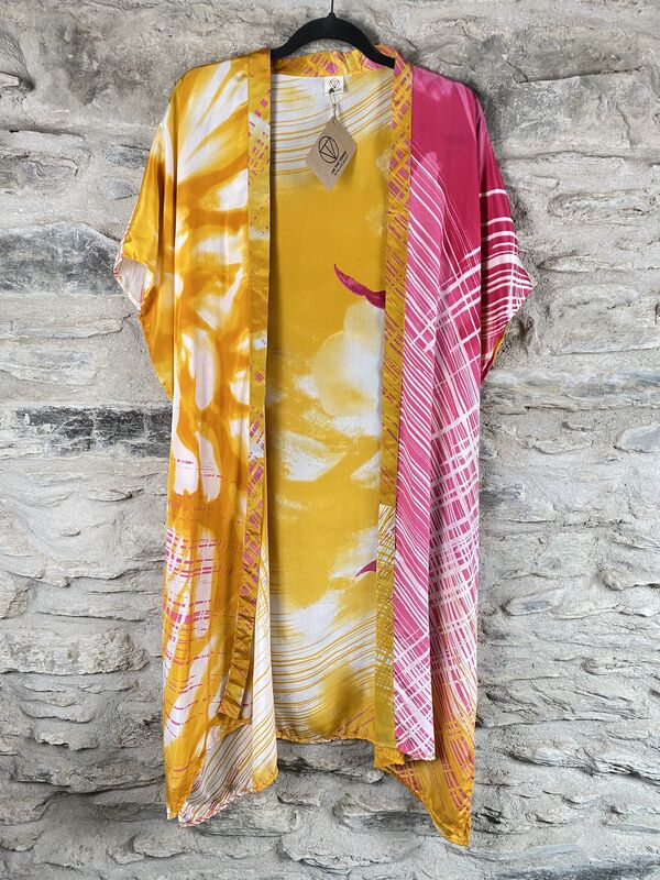 SALE // SHORTER LONG KIMONO STYLE JACKET ONE SIZE UK10 to 28:  white, yellow, pink  - product images  of 