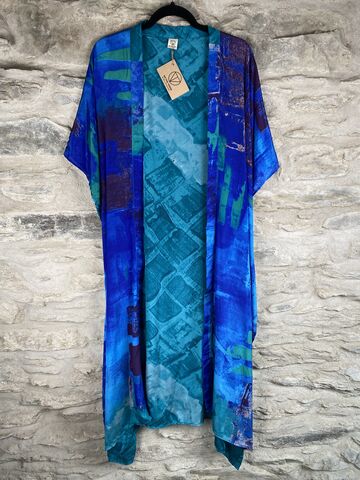 LONG,KIMONO,STYLE,JACKET,ONE,SIZE,UK10,to,28:,dramatic,abstract,teal,and,blue,Teal, blue, abstract, long, Kimono, style, jacket, curvy, plus, size, on, the, verge
