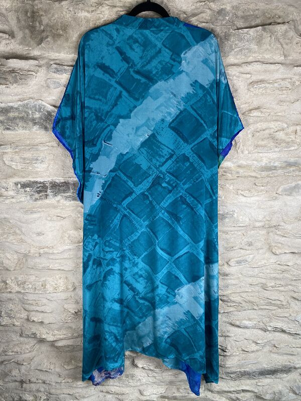 LONG KIMONO STYLE JACKET ONE SIZE UK10 to 28: dramatic abstract teal and blue  - product images  of 