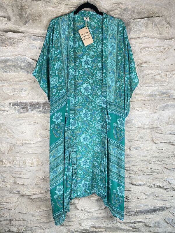 SALE // LONG KIMONO STYLE JACKET ONE SIZE UK10 to 28:  mint green, floral - product images  of 