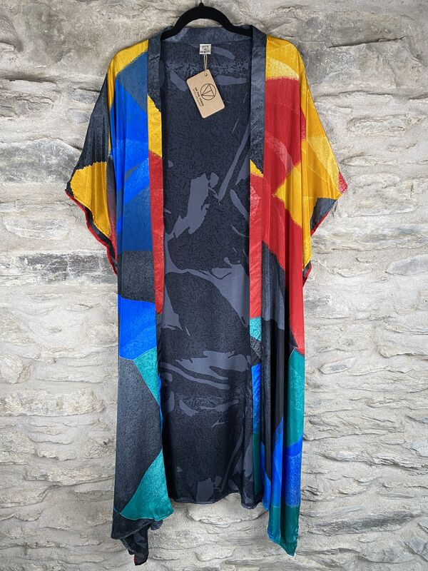 LONG KIMONO STYLE JACKET ONE SIZE UK10 to 28: dramatic black abstract with mix colours  - product images  of 