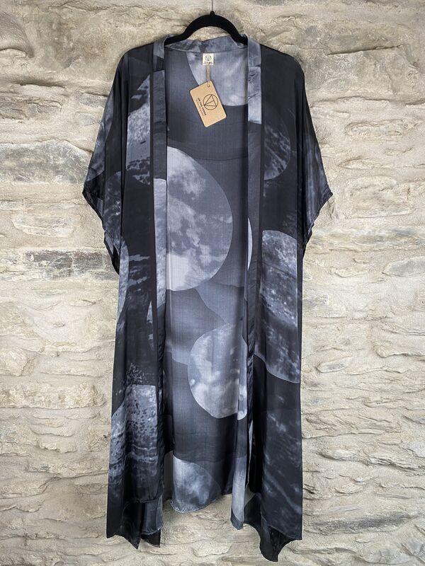 LONG KIMONO STYLE JACKET ONE SIZE UK10 to 28: black grey full moon - product images  of 