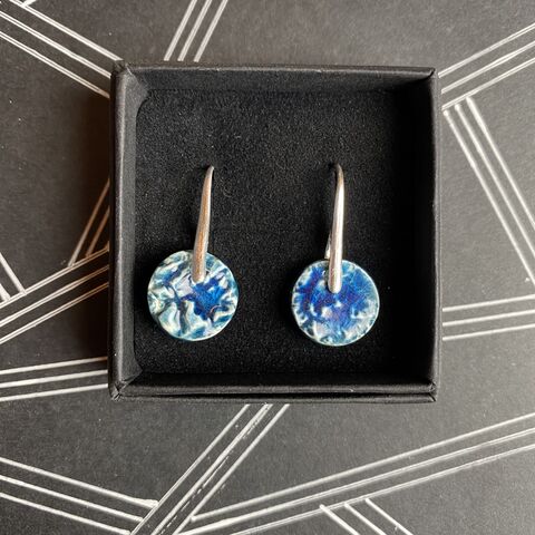 LAVVŌ,SMALL,drop,earrings:,deep,blue,and,textured,Blue, textured, lavvo, round, sterling silver, small, drops, porcelain, ceramic, earrings, made in ireland