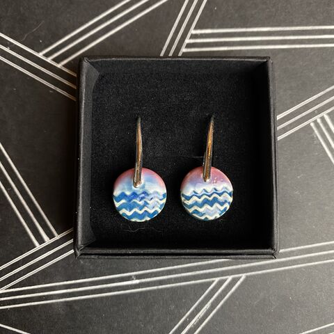 LAVVŌ,SMALL,drop,earrings:,blue,over,pink,,zig,zag,Blue, pink, textured, lavvo, round, sterling silver, small, drops, porcelain, ceramic, earrings, made in ireland