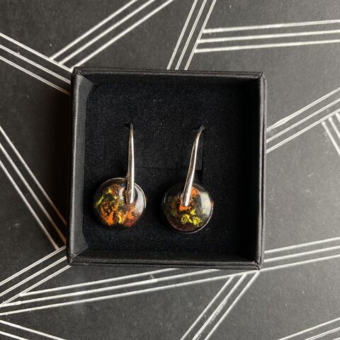 LAVVŌ,SMALL,drop,earrings:,black,with,red,,yellow,,orange,black with red, yellow, orange, lavvo, round, sterling silver, small, drops, porcelain, ceramic, earrings, made in ireland