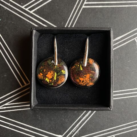LAVVŌ,MEDIUM,drop,earrings:,black,,orange,and,yellow,black, orange an yellow, round, sterling silver, medium, drops, porcelain, ceramic, earrings, made in ireland