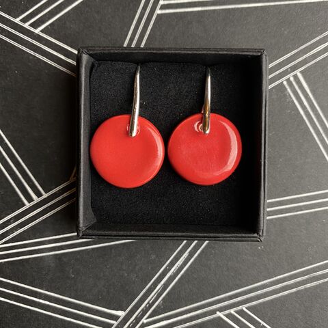 LAVVŌ,MEDIUM,drop,earrings:,festive,red,Red, round, sterling silver, medium, drops, porcelain, ceramic, earrings, made in ireland