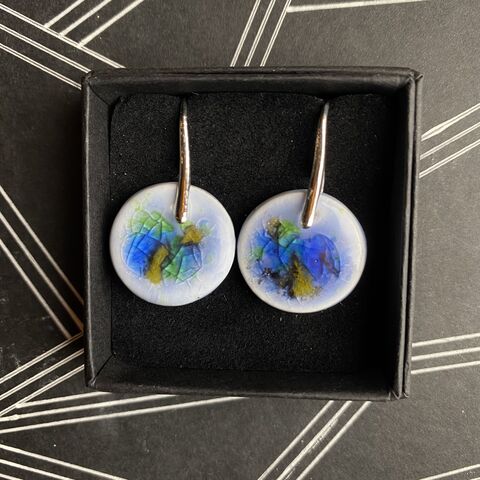 LAVVŌ,MEDIUM,drop,earrings:,light,blue,with,green,,and,yellow,Blue, green, yellow, round, sterling silver, medium, drops, porcelain, ceramic, earrings, made in ireland
