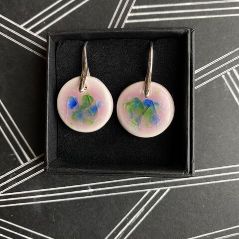 LAVVŌ,MEDIUM,drop,earrings:,pink,with,green,and,blue,Pink, Blue, green, round, sterling silver, medium, drops, porcelain, ceramic, earrings, made in ireland