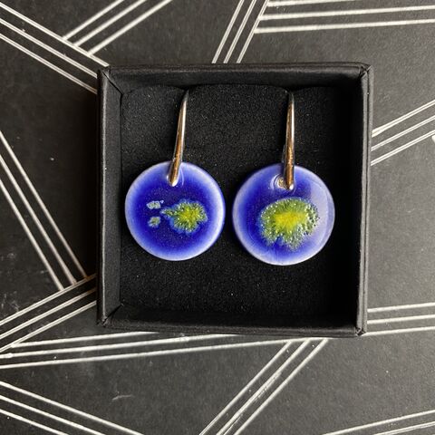LAVVŌ,MEDIUM,drop,earrings:,electric,blue,,yellow,Electric blue, yellow , round, sterling silver, medium, drops, porcelain, ceramic, earrings, made in ireland
