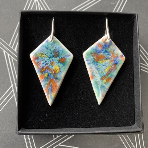 LAVVŌ,LARGE,KITE,DROP,EARRINGS:,summer,burst,of,colours, Multi, colour, LAVVO, Handmade, porcelain, kite, diamond, shape, drop, earrings, made in Ireland