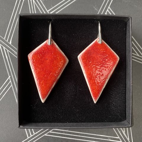 LAVVŌ,LARGE,KITE,DROP,EARRINGS:,red,coral,Red, LAVVO, Handmade, porcelain, kite, diamond, shape, drop, earrings, made in Ireland