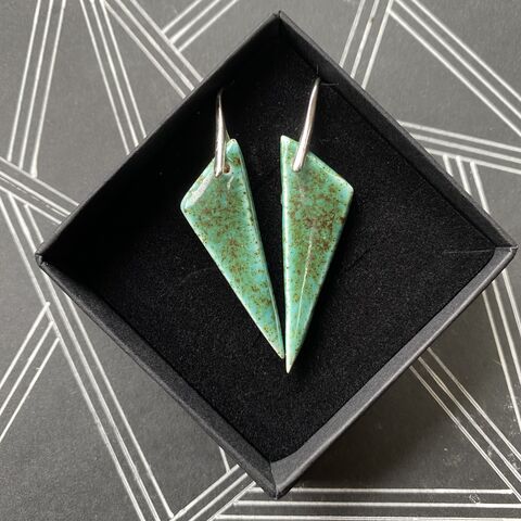 LAVVŌ,Smaller,triangular,porcelain,drop,earrings:,mint,and,black,pepper,Mint, black, pepper, smaller, triangular, porcelain, ceramic, drop, earrings, made in ireland