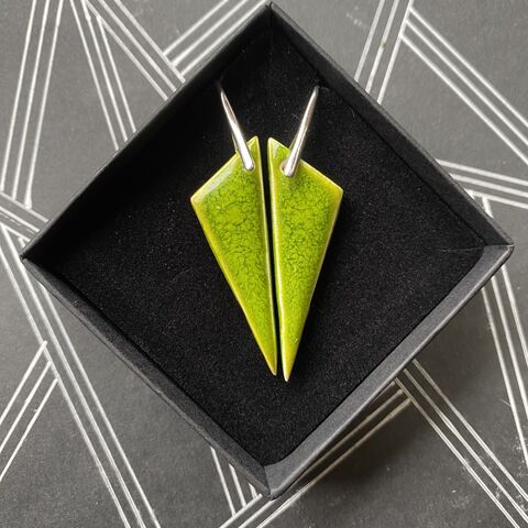 LAVVŌ,Smaller,triangular,porcelain,drop,earrings:,lime,green,Lime, green, smaller, triangular, porcelain, ceramic, drop, earrings, made in ireland