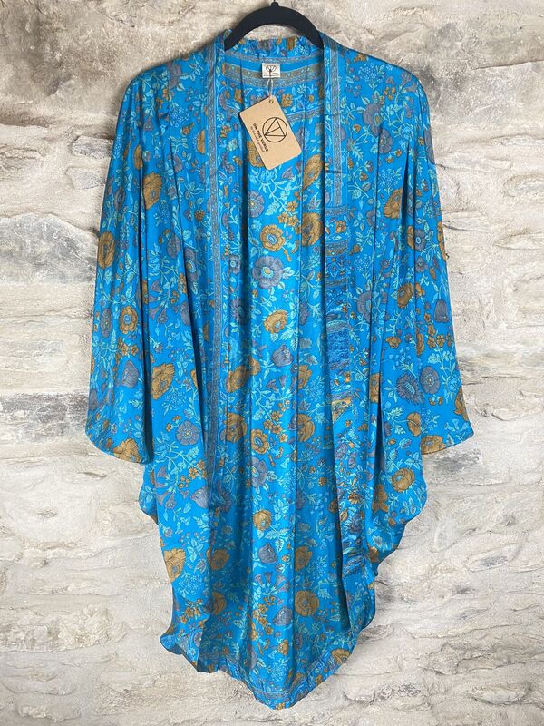 ORIGINAL KIMONO style jacket UK8 to UK14: light vibrant blue, floral  - product images  of 