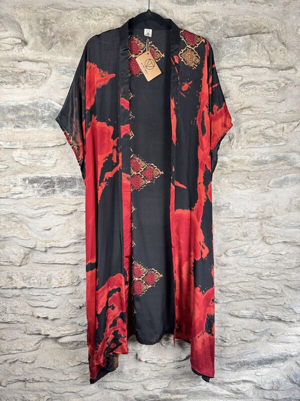 SALE // LONG KIMONO STYLE JACKET ONE SIZE UK10 to 28: black, red, golden - product images  of 