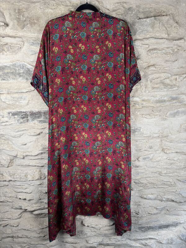 SALE // LONG KIMONO STYLE JACKET ONE SIZE UK10 to 28: strawberry pink with blue flowers - product images  of 