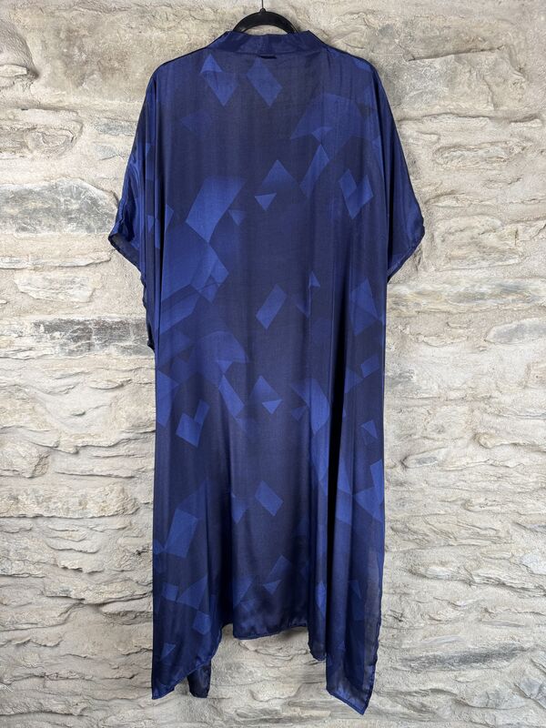 SALE // LONG KIMONO STYLE JACKET ONE SIZE UK10 to 28: night blue, geometric pattern - product images  of 